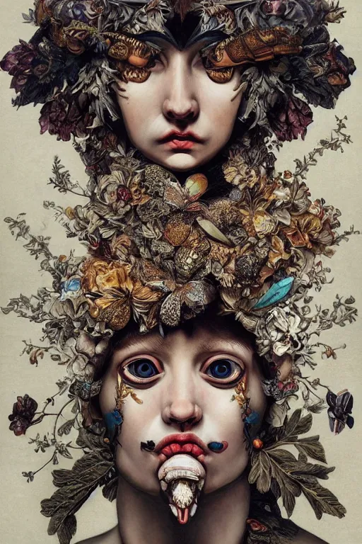 Image similar to Detailed maximalist portrait with large lips and wide white eyes, angry expression, HD 3D collage, highly detailed and intricate illustration in the style of Caravaggio and James Jean, surreal dark art, baroque