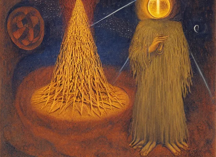 Image similar to a shaman priest holding up the universe, by remedios varo, reflection, symbolist, soft colors, dramatic lighting, smooth, sharp focus, extremely detailed, aesthetically pleasing composition