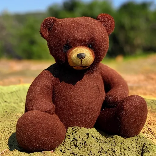 Prompt: Teddy Bear made of slime, inviting clay mud, slick and slimy, warm and yielding