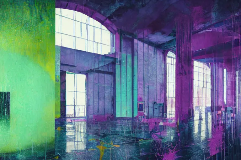 Image similar to abandoned 9 0 s interior with large organic circular windows, rain like a dream, oil painting, cinematic, dramatic, volumetric lighting, cyberpunk, basquiat + francis bacon + gustav klimt + beeple, elevated street art, fantasy lut, textural, pink, blue, purple, green,