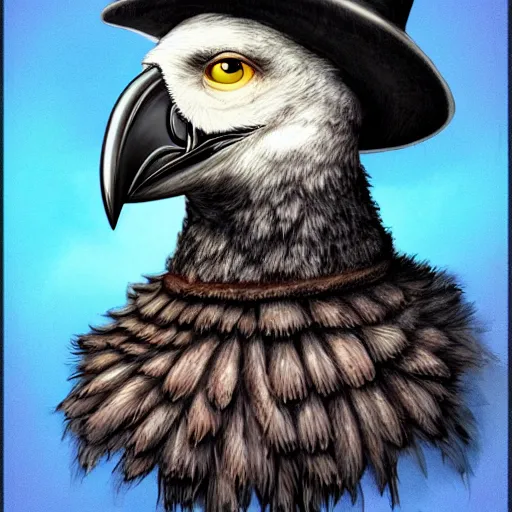 Image similar to ( ( ( head and shoulders portrait of a kenku crow person wearing a porkpie hat ) ) ), d & d, fantasy