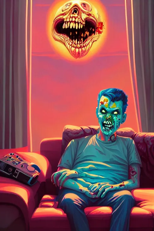 Image similar to a zombie dad sitting on the couch and watching tv, tristan eaton, victo ngai, artgerm, rhads, ross draws