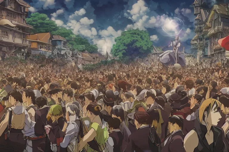 Image similar to cell shaded anime key visual of a fantasy battlefield, crowds of people, magic spells, in the style of studio ghibli, moebius, makoto shinkai, dramatic lighting