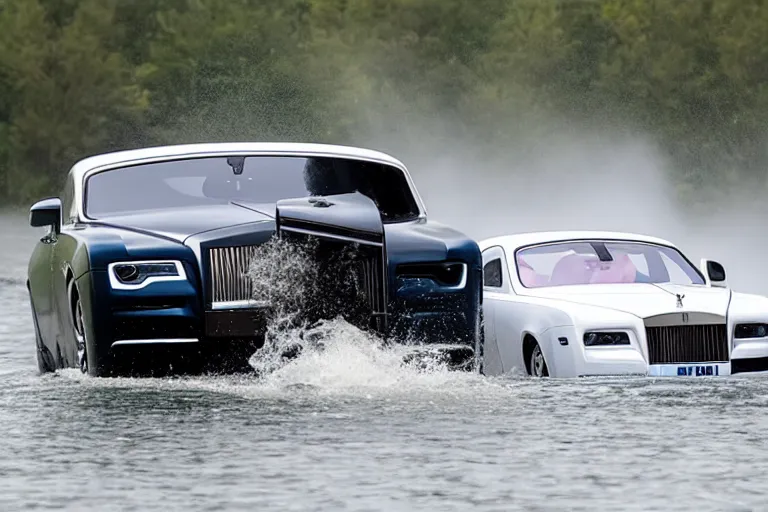 Prompt: Group of teenagers push Rolls-Royce into lake with their hands from a small slide