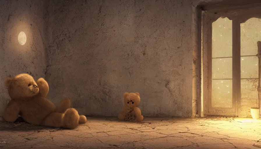 Prompt: Abandoned teddy bear on the dusty floor of an abandoned Victorian castle at night, moon light, windows, hyperdetailed, artstation, cgsociety, 8k