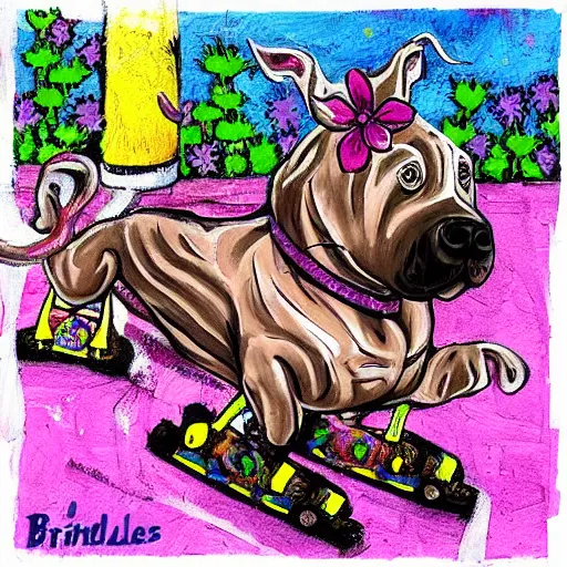 Image similar to brindle pitbull playing roller derby with skates happy surrounded by flowers tattoo style. painting. impressionist. big paint strokes. colorful.