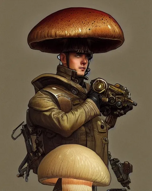 Image similar to portrait of a mushroom wearing a formal military outfit, science fantasy painting, elegant intricate digital painting artstation, greg rutkowski and alphonse mucha, detailed