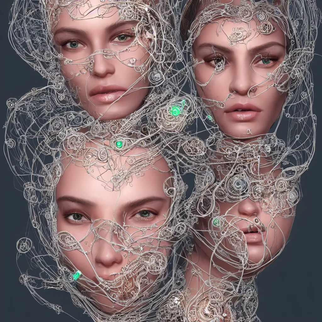 Image similar to very beautiful woman integrating with technology, full face, insipiring, detailed intricate ornate cables connected to head, big open electric eyes, luxurious detailed abundent wiring and implants, diamonds, sci-fi, neon, emeralds, detailed technology full background, highly detailed, artstation, Rene Lalique and Eddie Mendoza