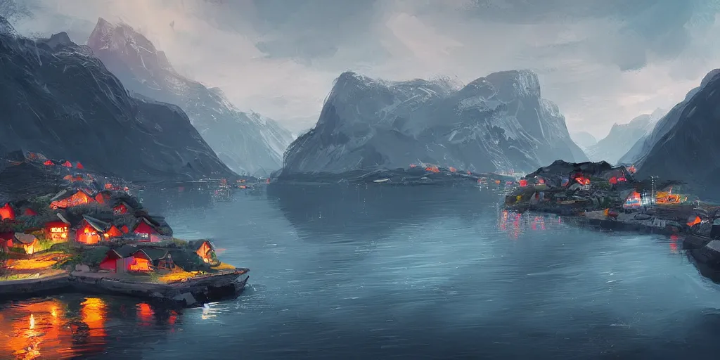 Prompt: a small fishing village nestled in the fjords of norway by alena aenami, petros afshar, noah bradley speedart