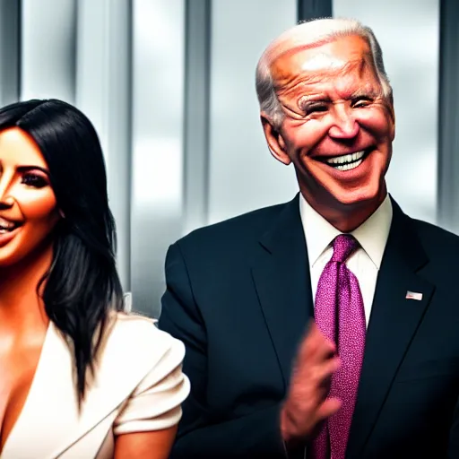 Image similar to stock photo of kim kardashian, and joe biden wearing suits and ties laughing in an office building, 8k resolution, full HD, cinematic lighting, award winning, anatomically correct