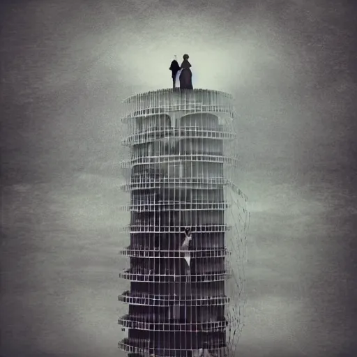 Image similar to a floating women seen from behind in a retro - futuristic tower, vintage inspired, by the invisible realm