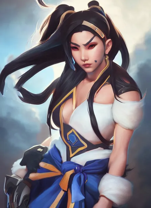 Image similar to character portrait of a fusion of Hanzo from Overwatch and D.Va from Overwatch by ArtGerm and Tom Bagshaw, 4k, highly detailed, cinematic lighting, characters merged