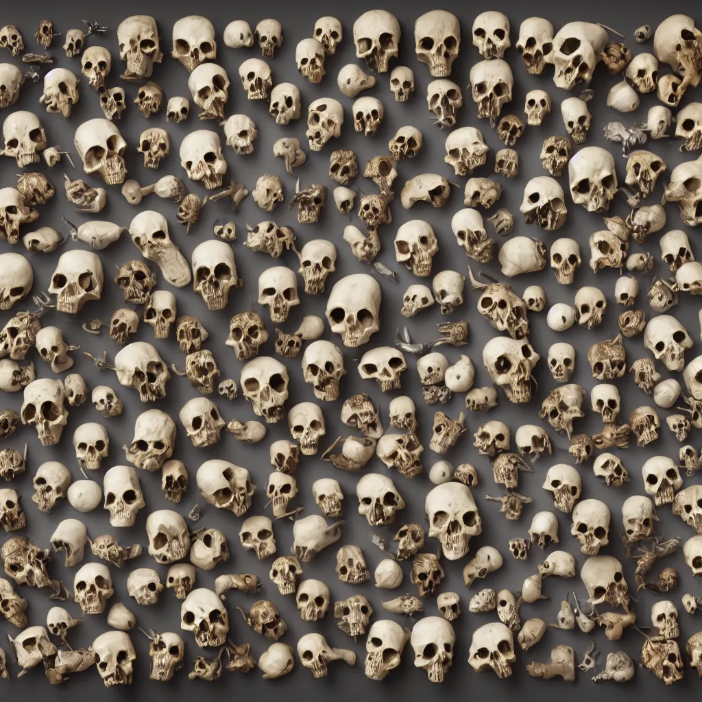 Prompt: unusual insect and animal skulls collection, made of colored porcelain, in different wooden boxes. top down photo, close macro photo. cinema 4d render , studio photo, 8k