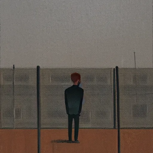 Prompt: a painting of a man standing in front of a wire fence by emiliano ponzi, james gilleard, dystopian art