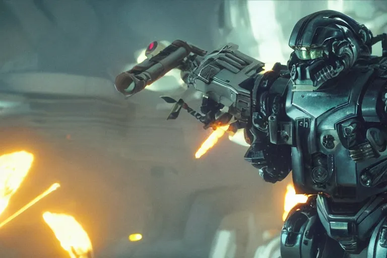 Image similar to VFX movie of a futuristic inhuman alien spacemarines Mech in future spaceship, firing gun at alien horde detailed creature skin neon lighting by Emmanuel Lubezki