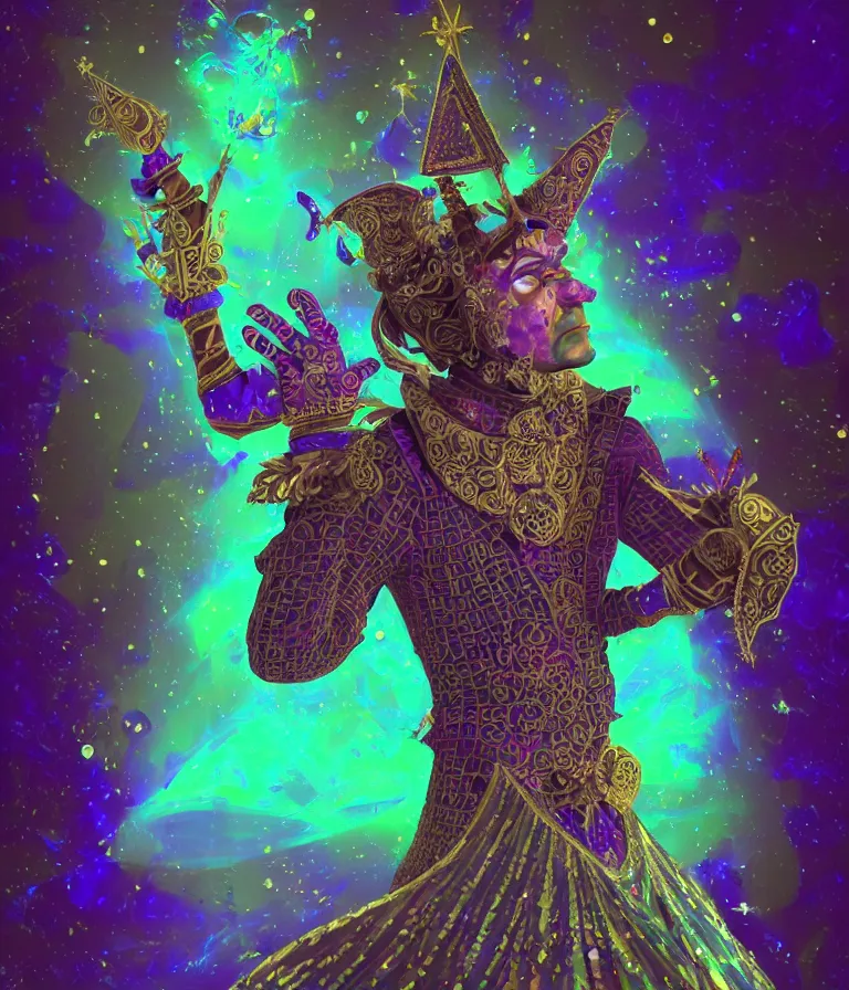 Prompt: front!!! shot of a court jester!!! character, mesmerizing fractal hypercubes, dark holography!!!, future, oil slick nebula, crystalline jagged!! edges, (((intricate))), elegant, highly detailed, centered, (((artstation, concept art, smooth, sharp focus, artgerm, Tomasz Alen Kopera, Peter Mohrbacher, donato giancola, Joseph Christian Leyendecker, WLOP, Boris Vallejo))), ((raytracing)), mugshot!!!!!, ugly!!!!!!, octane render, nvidia raytracing demo, octane render, nvidia raytracing demo, octane render, nvidia raytracing demo, grainy, muted, 8K, digitalblasphemy, metatron