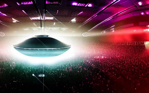 Prompt: photograph of huge mothership UFO flying saucer hovering over a dancing crowd, crowd arms raised, spotlights shining down, atmospheric, hyper realistic, 8k, epic composition, cinematic, photography by Carr Clifton & Galen Rowell, DeviantArt, Flickr