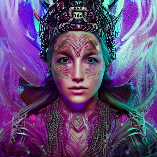 Prompt: viking goddess close-up portrait tribal princess , sitting on intricate throne, high tech, cyberpunk, dystopian, jellyfish phoenix dragon, butterfly squid, burning halo, intricate artwork by Guy Denning, very coherent symmetrical artwork, cinematic, hyper realism, high detail, octane render, unreal engine, 8k, Vibrant colors, Smooth gradients, High contrast, depth of field,