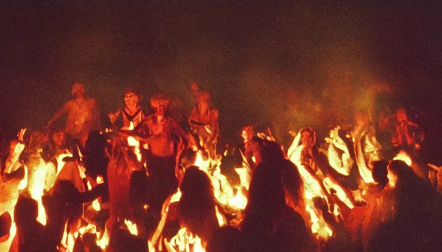 Prompt: 7 0 s film still from a horror movie about a dance party at a bonfire with human sacrifice, kodachrome, cinecolor, cinestill, film grain, film texture, retro, cinematic, high resolution, photorealism,