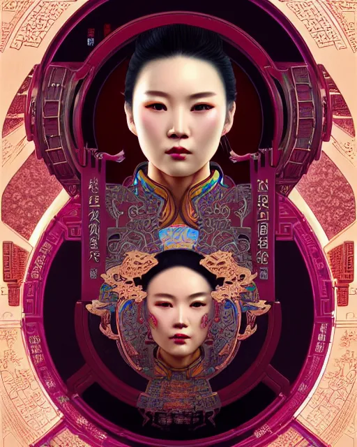 Image similar to portrait of a chinese cyberpunk machine, machine face, upper half portrait, decorated with chinese opera motifs, regal, asian, fine china, wuxia, traditional chinese art intricate intense elegant 京 剧 highly detailed digital painting artstation concept art smooth sharp focus illustration, art by artgerm and greg rutkowski alphonse mucha 8 k