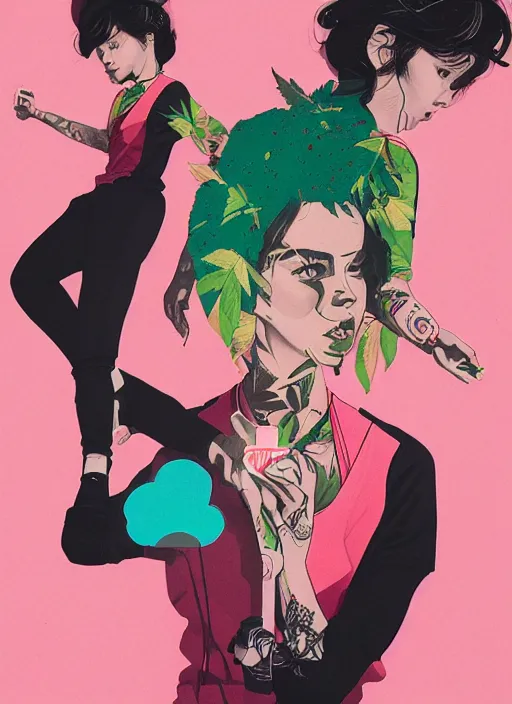 Prompt: 2017 Gorgeous Woman by Sachin Teng x Adidas :5 attractive, sexy, indie, stylish, designer , green, tattoos, smoke, marijuana, asymmetrical, Matte Painting , geometric shapes, hard edges, graffiti, street art:4 Masterpiece, impressive detail, colorful, by Sachin Teng:4