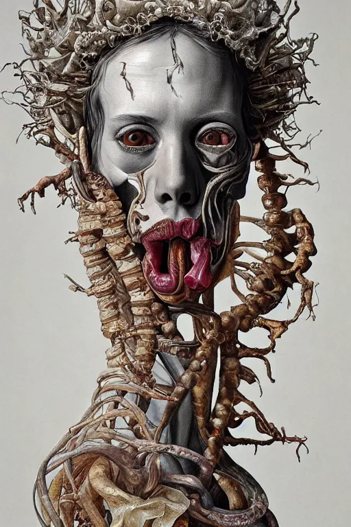 Image similar to Detailed maximalist portrait of a greek god with large lips and eyes, scared expression, botanical anatomy, skeletal with extra fleshy limbs, HD mixed media, 3D collage, highly detailed and intricate, surreal illustration in the style of Jenny Saville, dark art, baroque, centred in image