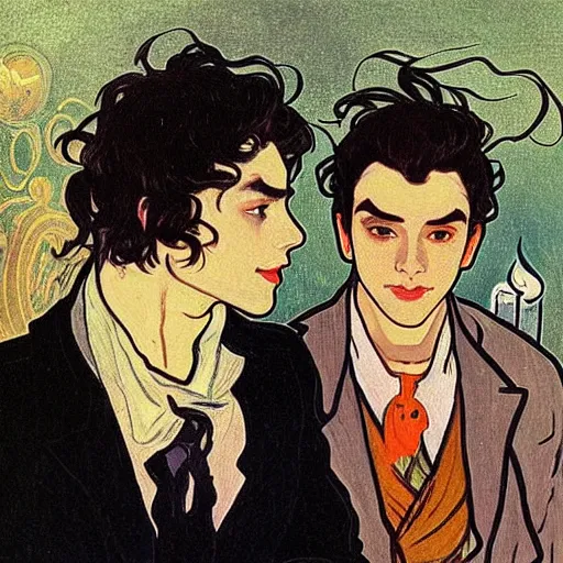 Image similar to painting of young cute handsome beautiful dark medium wavy hair man in his 2 0 s named shadow taehyung and cute handsome beautiful min - jun together at the halloween! party, bubbling cauldron!, candles!, smoke, autumn! colors, elegant, wearing suits!, clothes!, delicate facial features, art by alphonse mucha, vincent van gogh, egon schiele