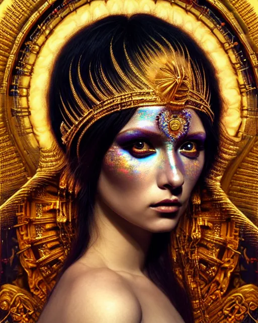 Image similar to hyperrealistic detailed portrait of a beautiful goddess in an iridescent - gold ornamental headdress, intricate cyberpunk make - up, golden face tattoos, art by android jones, john william godward, nekro borja, gothic - cyberpunk, beautiful deep colours,