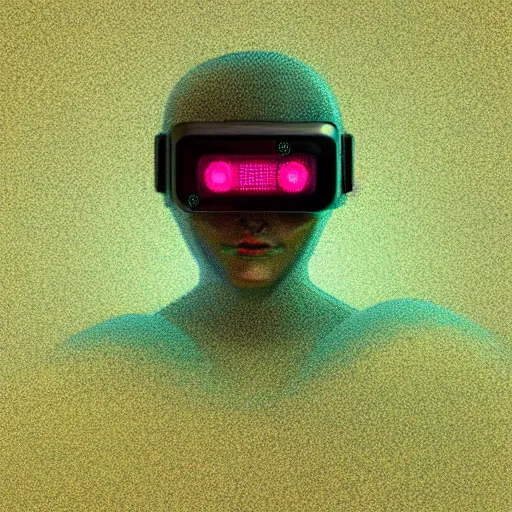 Prompt: cyberpunk concept humanoid bot, cinema 4 d, galaxy, ufo, space sci - fi, wearing vr goggles, illustration, portrait, pastel neon textured background night, trending on artstation, greg rutkowski, octane rendered, 1 2 k, detailed,