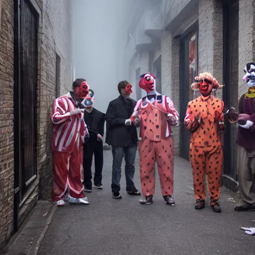 Image similar to a group of men dressed as clowns putting on makeup in a dark foggy alley