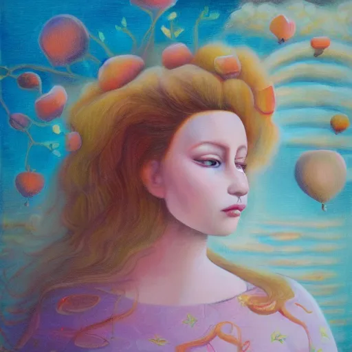 Image similar to pretty peach princess dream, oil and acrylic on canvas, surrealism, high detail