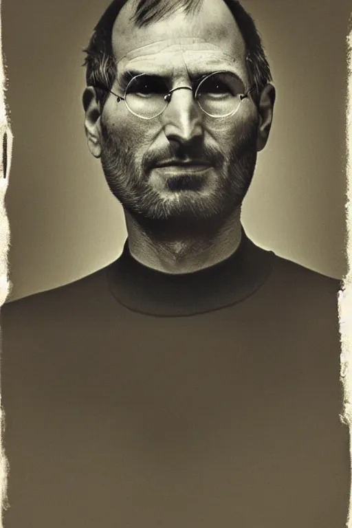 Image similar to steve jobs, outlaw, portrait, full body, symmetrical features, silver iodide, 1 8 8 0 photograph, sepia tone, aged paper, sergio leone, master prime lenses, cinematic