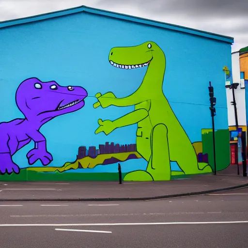 Image similar to belfast mural of barney the dinosaur holding an ak - 4 7