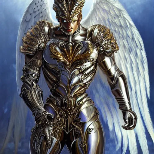 Prompt: a beautiful muscular male angel wearing a silver chrome armor with golden ornaments and diamonds jewelry by alex gray and android jones, karol bak, ayami kojima, amano, concept art, character design, fantasy, 3 d, 8 k resolution
