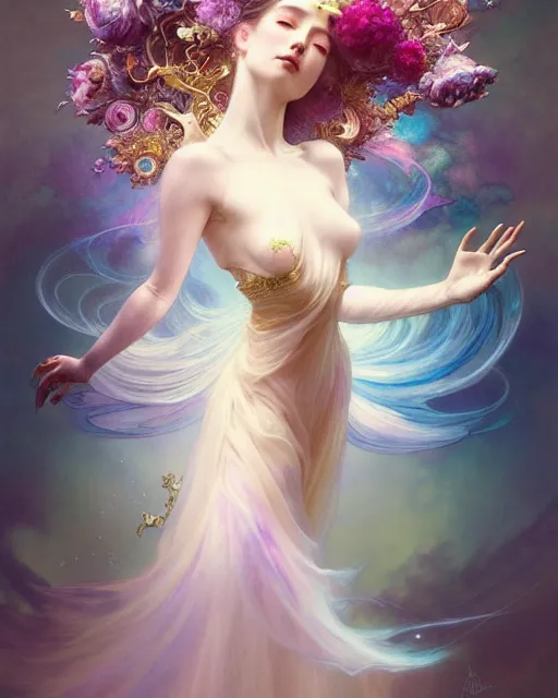 Image similar to Full View ultrarealistic Portrait ethereal fantasy deity wearing beautiful gown, rising in the air levitating, flowers, calm, 4k digital masterpiece by Anna Dittman and Alberto Seveso Ruan Jia, rossdraws, artgerm and greg rutkowski and alphonse mucha and loish and WLOP, fantasycore, Hyperdetailed, fractals, scribble art, realistic digital painting, atmospheric, fireflies, soft lighting, featured on Artstation