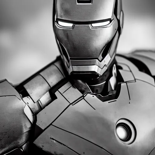 Image similar to close - up ironman in a white armor, battle damaged, shallow depth of field, moody lighting, 8 k,