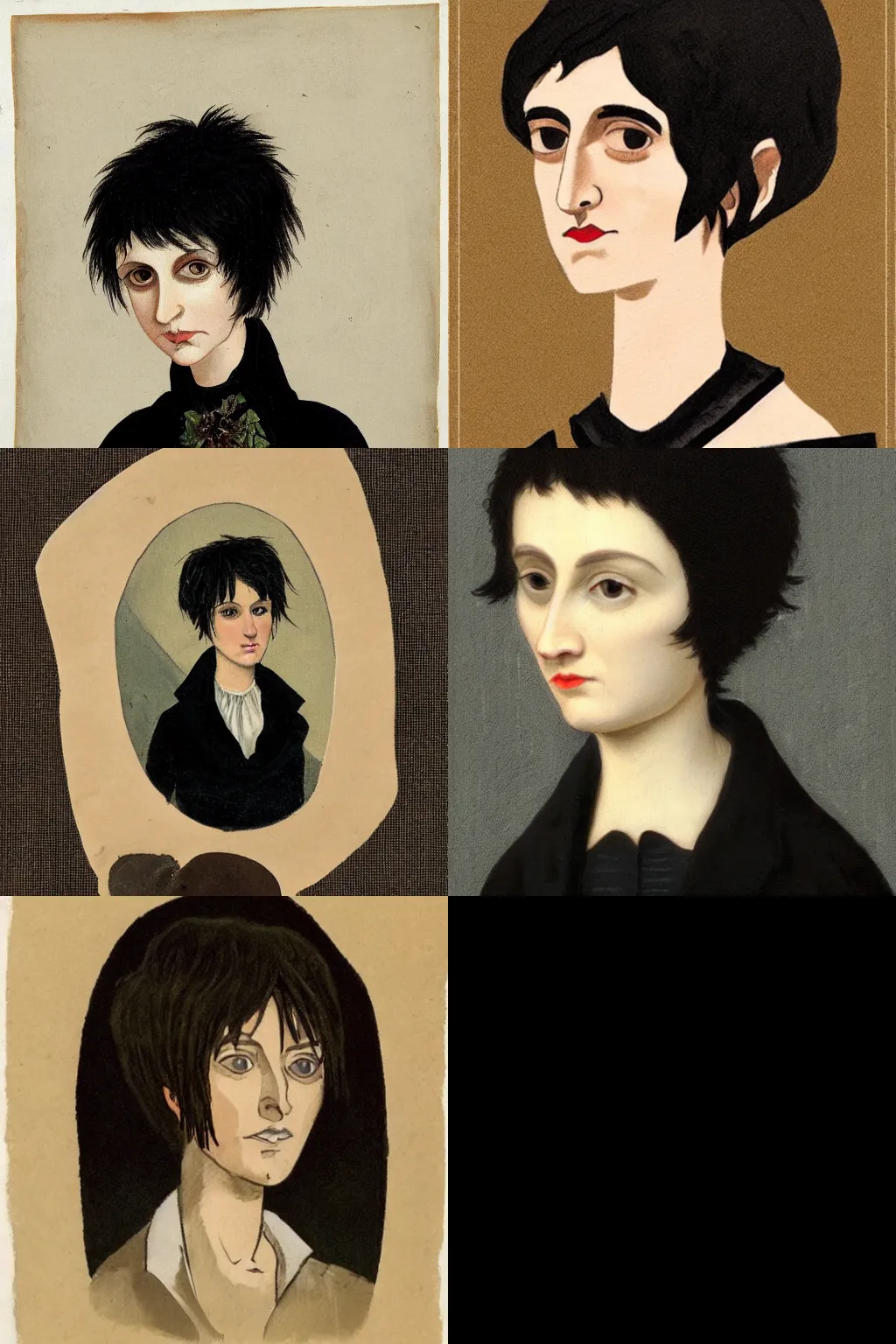 Prompt: goth painted by mary anning. high - quality character portrait. short dark brown messy pixie haircut, large black eyes, slightly rounded face, pointed chin, small nose, black tank top, black leather jacket, black knee - length skirt, black choker.