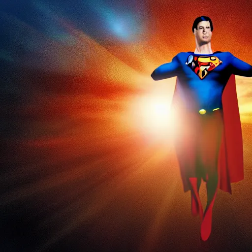 Prompt: superman floating in front of the sun, facing the camera, 4 k, highly detailed, extreme zoom