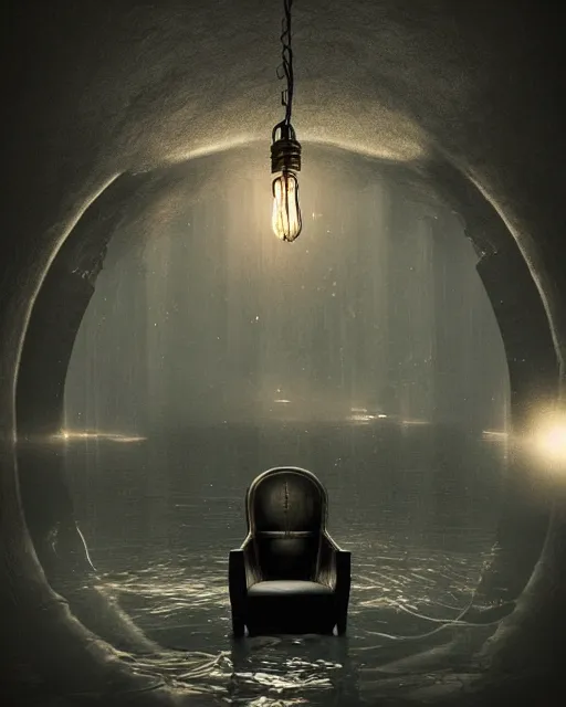 Prompt: beautiful matte painting, chair under an edison bulb in empty black space, infinite black cave lake, cgsociety, steampunk, extreme contrast, sunken in black water, void