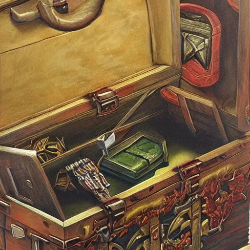 Prompt: dnd mimic chest, highly detailed, acrylic on canvas painting, by greg rutkowsky, by ed binkley, by gerald brom