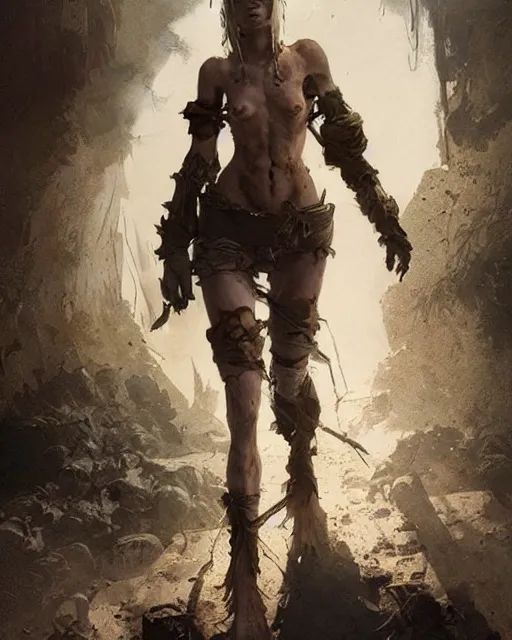 Image similar to hyper realistic photo of postapocalyptic albino nomad girl, full body, cinematic, artstation, cgsociety, greg rutkowski, james gurney, mignola, craig mullins, brom, mucha, ghibli