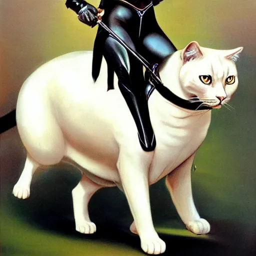 Image similar to a serious looking girl riding on a large fat black and white cat wearing armor, painted by Boris Vallejo