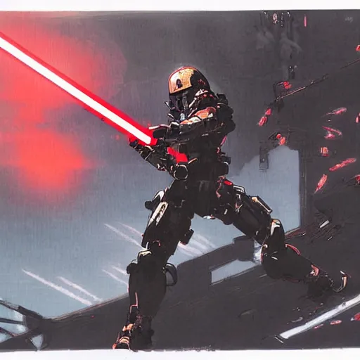 Prompt: Ludens from Hideo Kojima Production fighting with lightsaber on Red sun over paradise by Yoji Shinkawa, trending in Artgem