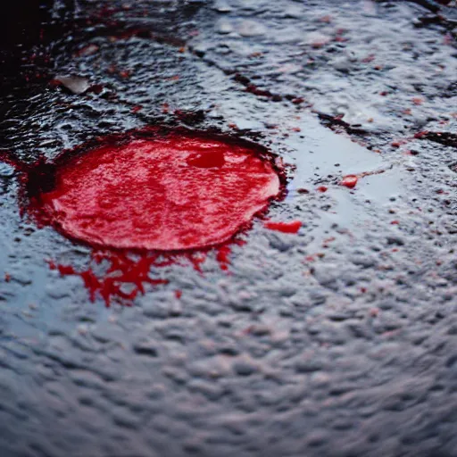 Image similar to filmic closeup dutch angle movie still 4k UHD 35mm film color photograph of a freshly amputated hand sitting on top of a puddle of blood