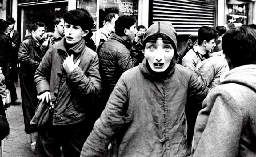 Image similar to ernst ludwig, a frightened young man in a street surrounded by people who have no eyes. people are watching crt televisions in every shop s 1 5 0