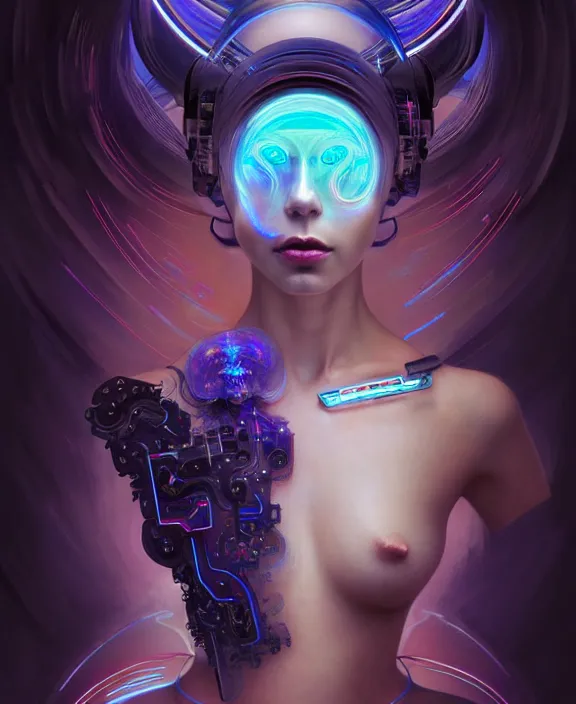 Image similar to a whirlwind of souls rushing inside the metaverse, hologram, half body, neurochip, shaved temple, piercing, jewelry, android, cyborg, cyberpunk face, by loish, d & d, fantasy, intricate, elegant, highly detailed, colorful, digital painting, artstation, concept art, art by artgerm and greg rutkowski and alphonse mucha