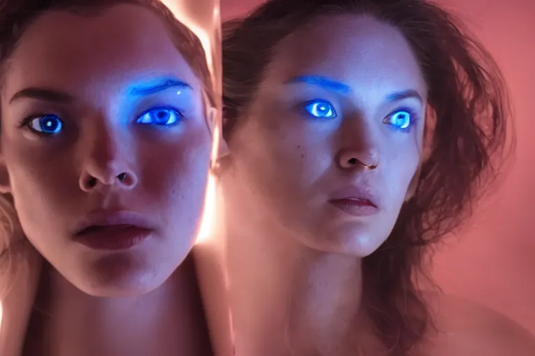 Image similar to VFX movie of a futuristic cyborg spacewoman gorgeous closeup portrait in high tech spaceship, beautiful natural skin neon lighting by Emmanuel Lubezki