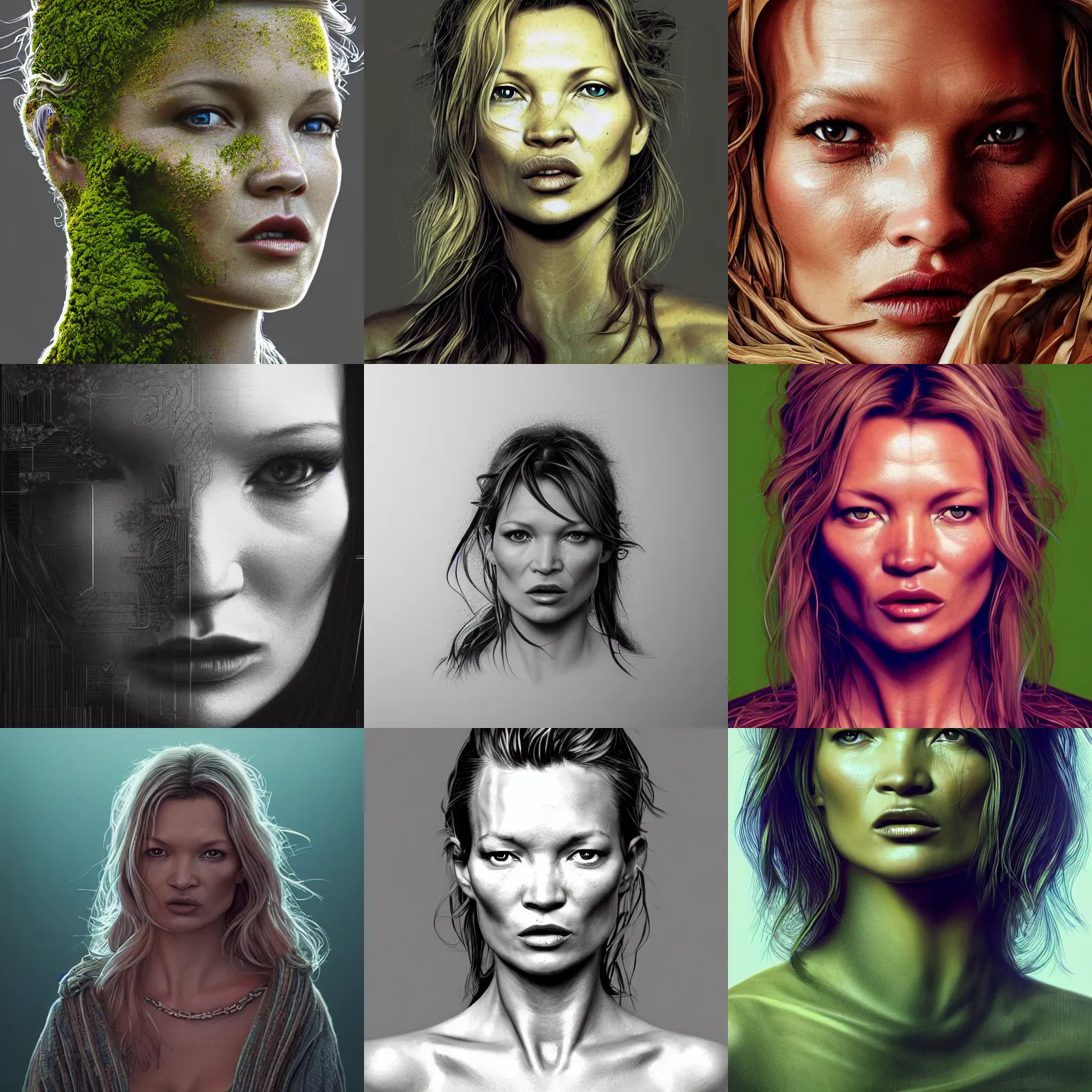 Image similar to portrait isometric drawing, printerest, close-up moss growing kate moss, intricate, epic lighting, cinematic composition, hyper realistic, 8k resolution, unreal engine 5, by Artgerm, tooth wu, dan mumford, beeple, wlop, rossdraws, James Jean, Andrei Riabovitchev, Marc Simonetti, yoshitaka Amano, Artstation