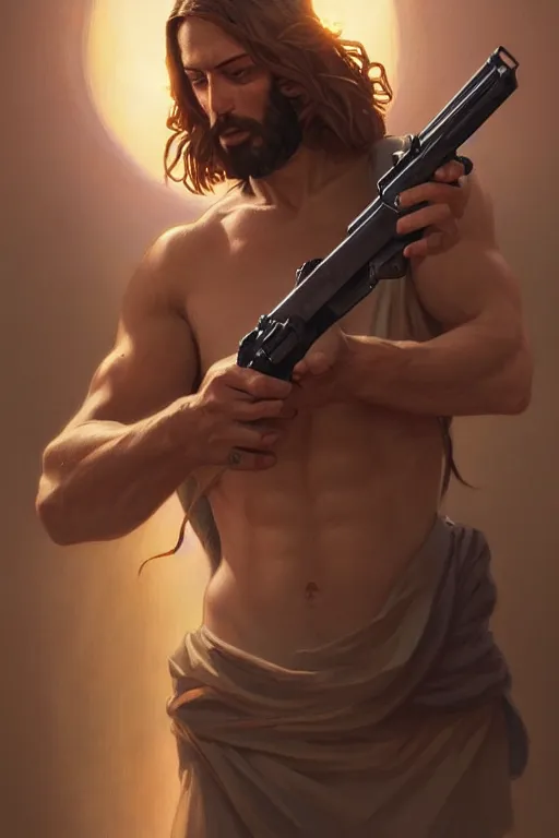 Prompt: jesus christ wielding guns, in an action pose, realistic portrait, symmetrical, highly detailed, digital painting, artstation, concept art, smooth, sharp focus, illustration, cinematic lighting, art by artgerm and greg rutkowski and alphonse mucha