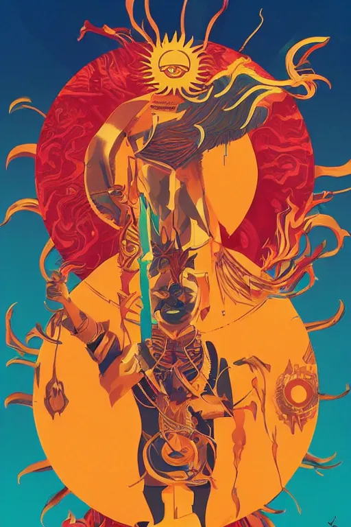 Image similar to anthropomorphic Sun-God, movie poster, dramatic, by Sachin Teng + Karol Bak + Rolf Armstrong